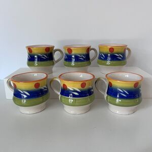 (6) Espresso Demitasse Cup Hand Painted Sunset Landscape Blue Green Yellow VTG